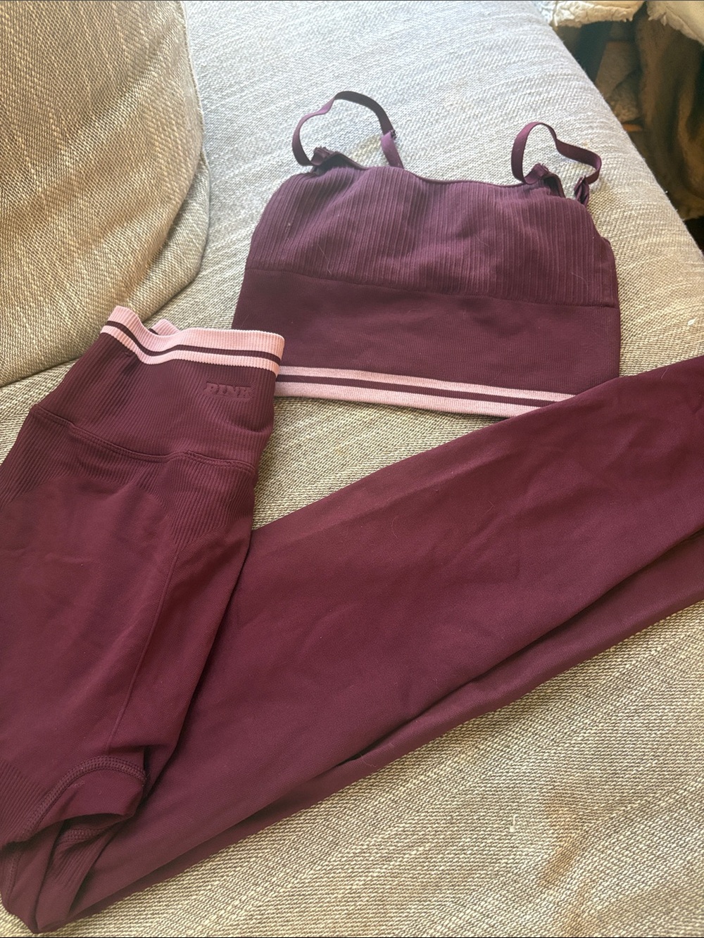 PINK Victoria's Secret Maroon Active Bra & Leggings with Light Pink Stripes